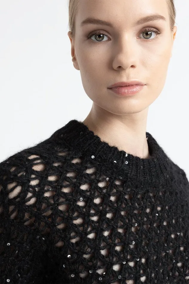 Peserico Knitwear Woman ShortSleeved Sweater In An Alpaca Yarn With Sequins Black Peserico Knitwear Woman ShortSleeved Sweater In An Alpaca Yarn With Sequins Black