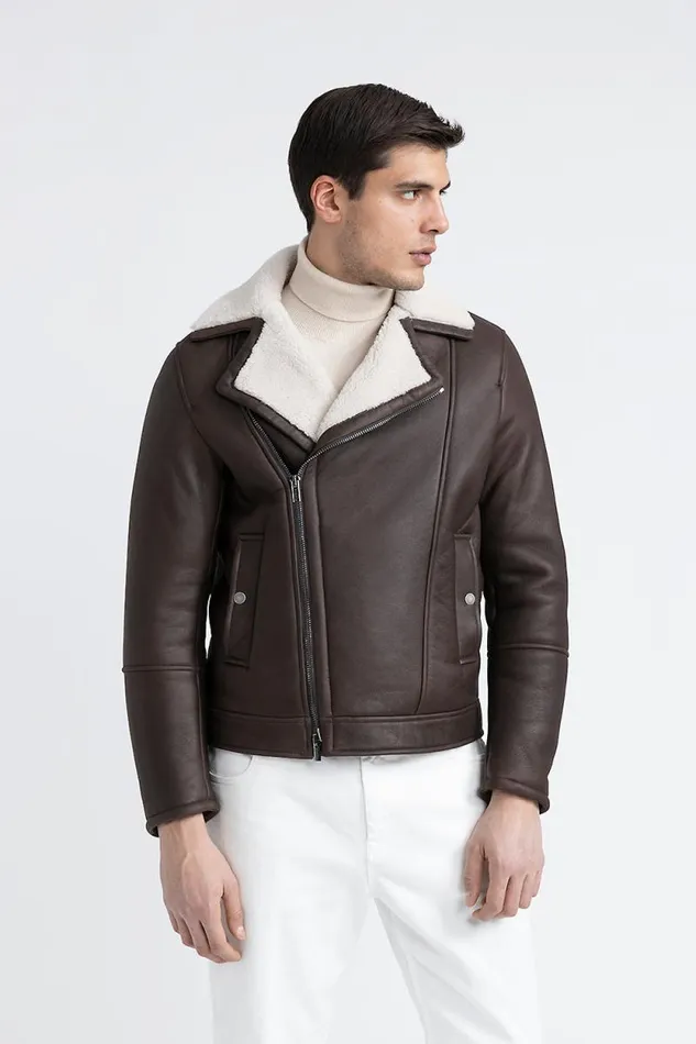 Peserico Outerwear Man Real Sheepskin Biker Jacket Walnut