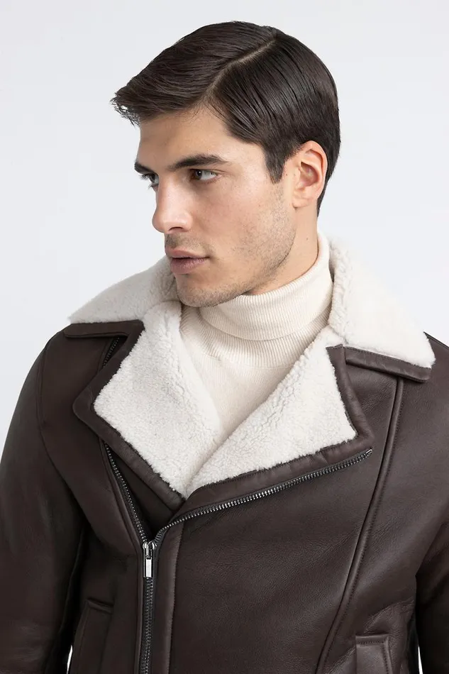 Peserico Outerwear Man Real Sheepskin Biker Jacket Walnut Peserico Outerwear Man Real Sheepskin Biker Jacket Walnut