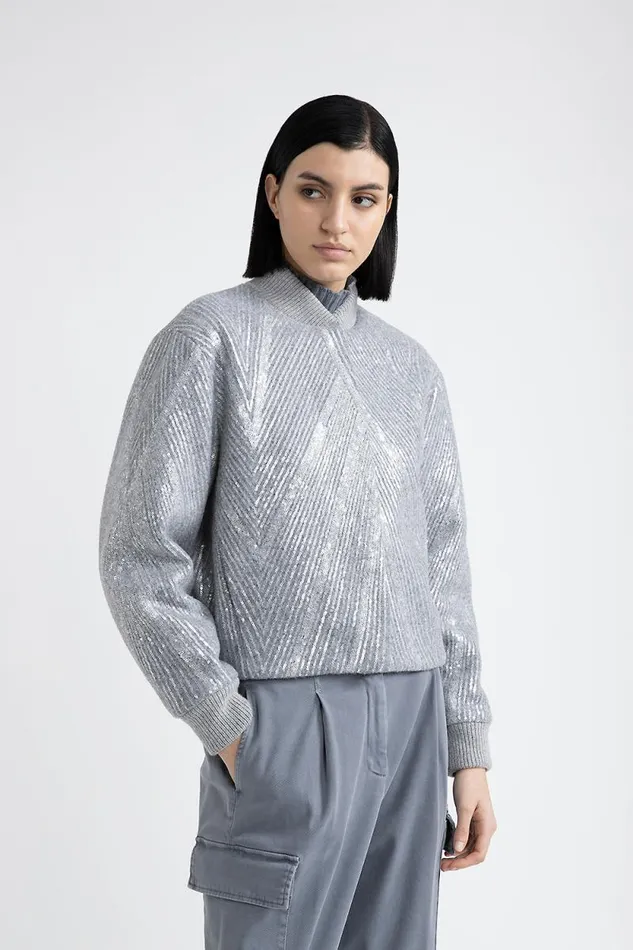 Peserico Outerwear Woman Brushed Wool Jacket With Sequin Embroidery Granite