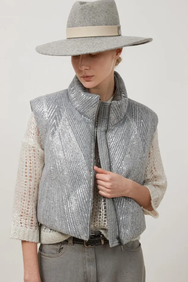 Peserico Outerwear Woman Cropped Goose Down Vest With Sequins Granite