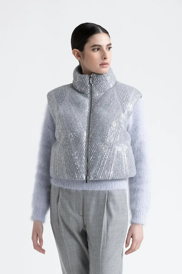 Peserico Outerwear Woman Cropped Goose Down Vest With Sequins Granite Peserico Outerwear Woman Cropped Goose Down Vest With Sequins Granite