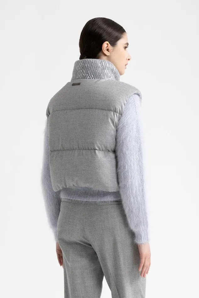 Peserico Outerwear Woman Cropped Goose Down Vest With Sequins Granite Peserico Outerwear Woman Cropped Goose Down Vest With Sequins Granite