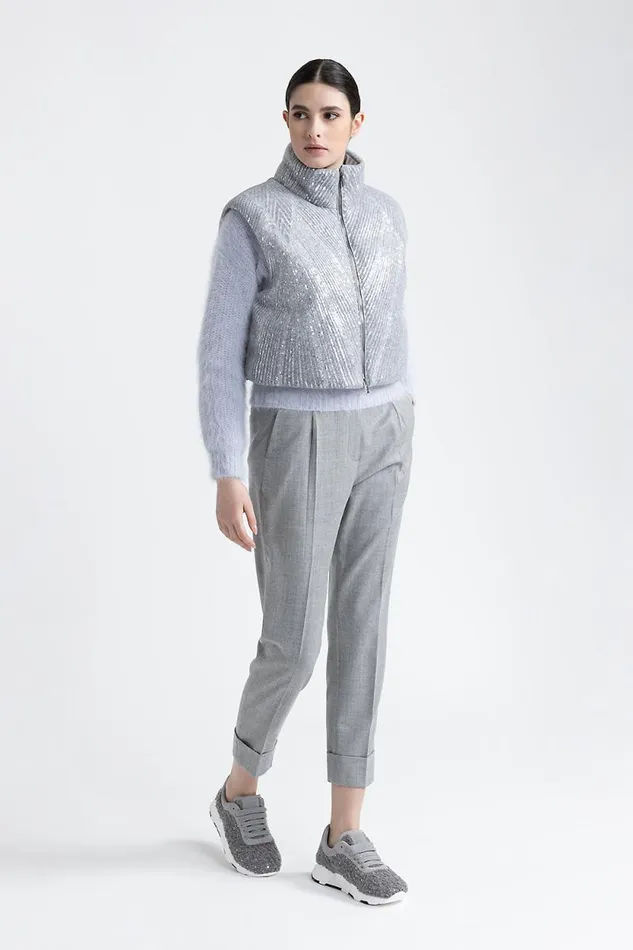 Peserico Outerwear Woman Cropped Goose Down Vest With Sequins Granite Peserico Outerwear Woman Cropped Goose Down Vest With Sequins Granite