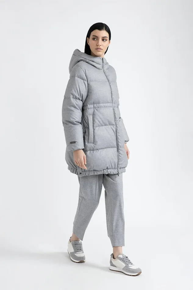 Peserico Outerwear Woman Maxi Hooded Goose Down Jacket In Flannel Granite
