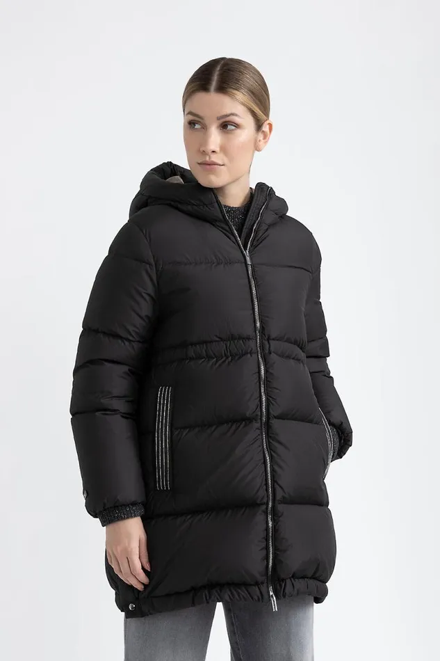 Peserico Outerwear Woman Maxi Hooded Goose Down Jacket Wr Graphite