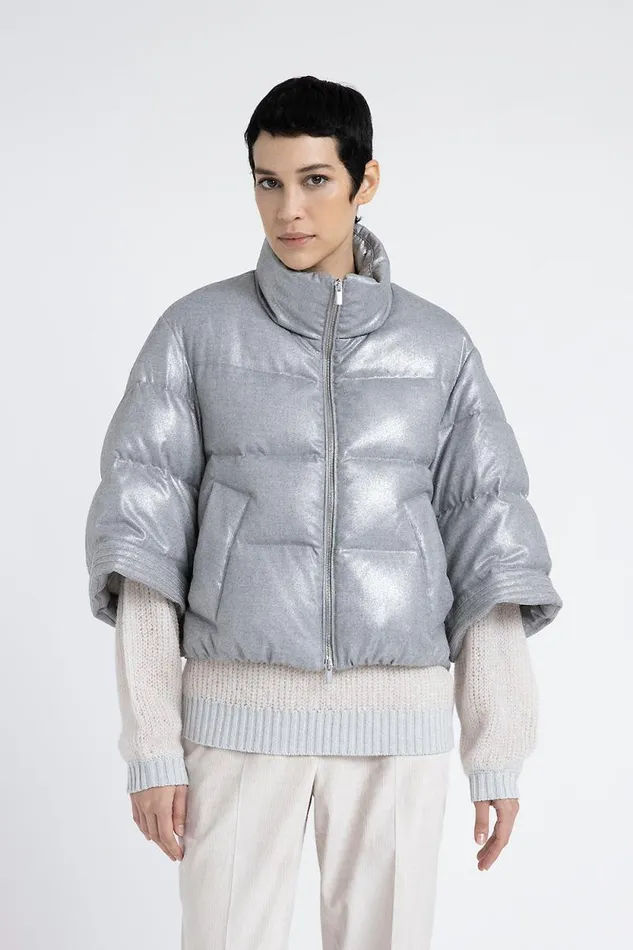 Peserico Outerwear Woman Short Down Jacket In Laminated Viscose Blend Flannel Fog Gray Peserico Outerwear Woman Short Down Jacket In Laminated Viscose Blend Flannel Fog Gray