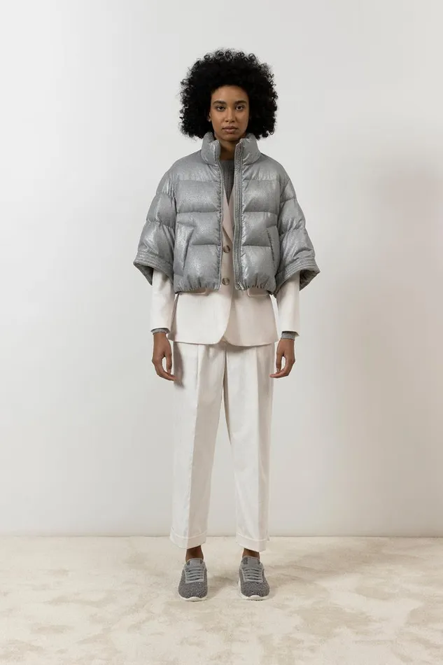 Peserico Outerwear Woman Short Down Jacket In Laminated Viscose Blend Flannel Fog Gray Peserico Outerwear Woman Short Down Jacket In Laminated Viscose Blend Flannel Fog Gray