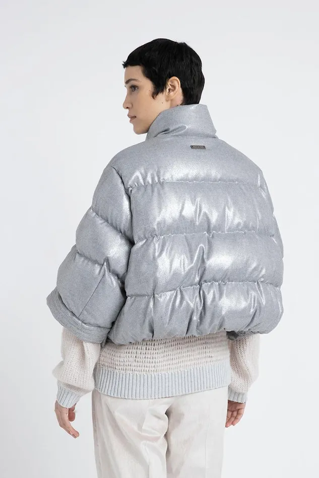 Peserico Outerwear Woman Short Down Jacket In Laminated Viscose Blend Flannel Fog Gray Peserico Outerwear Woman Short Down Jacket In Laminated Viscose Blend Flannel Fog Gray