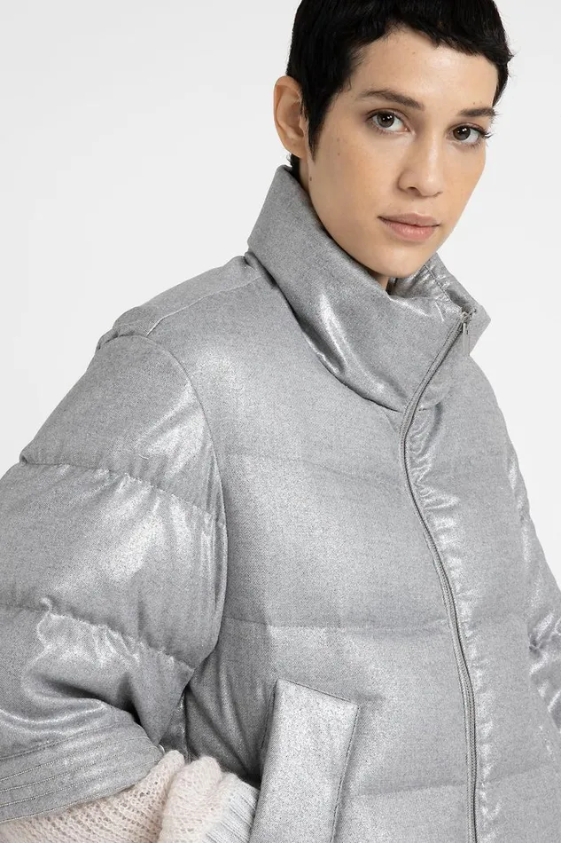 Peserico Outerwear Woman Short Down Jacket In Laminated Viscose Blend Flannel Fog Gray Peserico Outerwear Woman Short Down Jacket In Laminated Viscose Blend Flannel Fog Gray