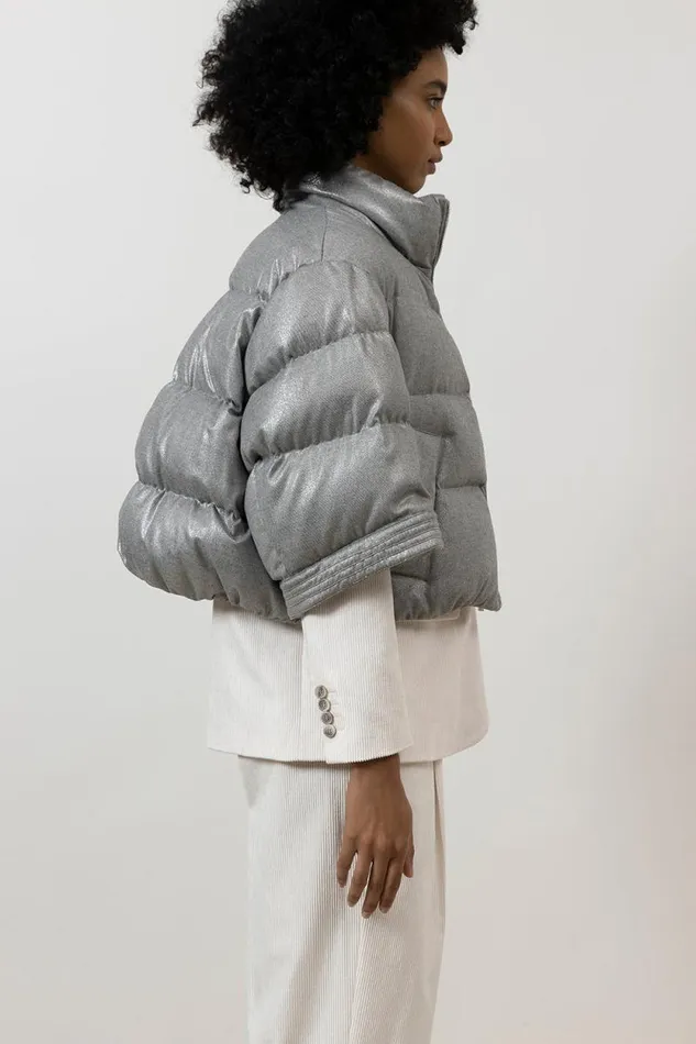 Peserico Outerwear Woman Short Down Jacket In Laminated Viscose Blend Flannel Fog Gray Peserico Outerwear Woman Short Down Jacket In Laminated Viscose Blend Flannel Fog Gray