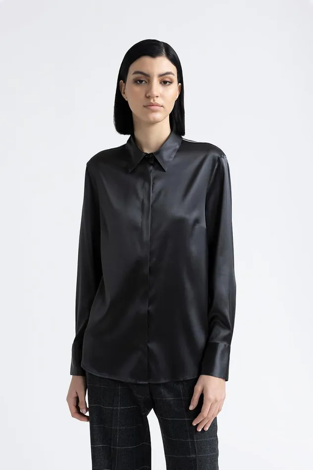 Peserico Shirts And Blouses Woman Silk Shirt With Punto Luce Trim Graphite