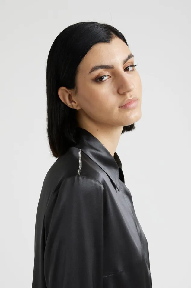 Peserico Shirts And Blouses Woman Silk Shirt With Punto Luce Trim Graphite Peserico Shirts And Blouses Woman Silk Shirt With Punto Luce Trim Graphite