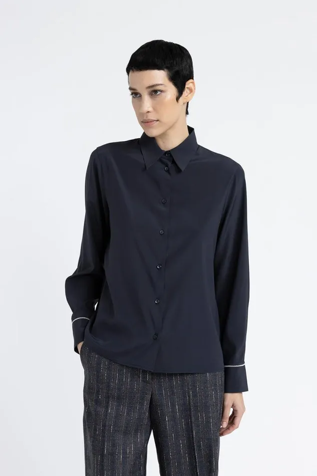 Peserico Shirts And Blouses Woman Stretch Silk Crepe De Chine Shirt Inkwell Blue Peserico Shirts And Blouses Woman Stretch Silk Crepe De Chine Shirt Inkwell Blue