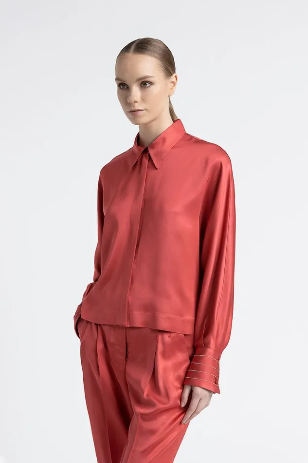 Peserico Suits And Sets Woman Viscose Satin Oversize Cropped Shirt Enrosadira Red Peserico Suits And Sets Woman Viscose Satin Oversize Cropped Shirt Enrosadira Red