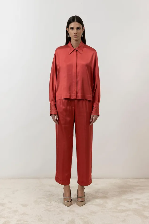 Peserico Suits And Sets Woman Viscose Satin Oversize Cropped Shirt Enrosadira Red Peserico Suits And Sets Woman Viscose Satin Oversize Cropped Shirt Enrosadira Red