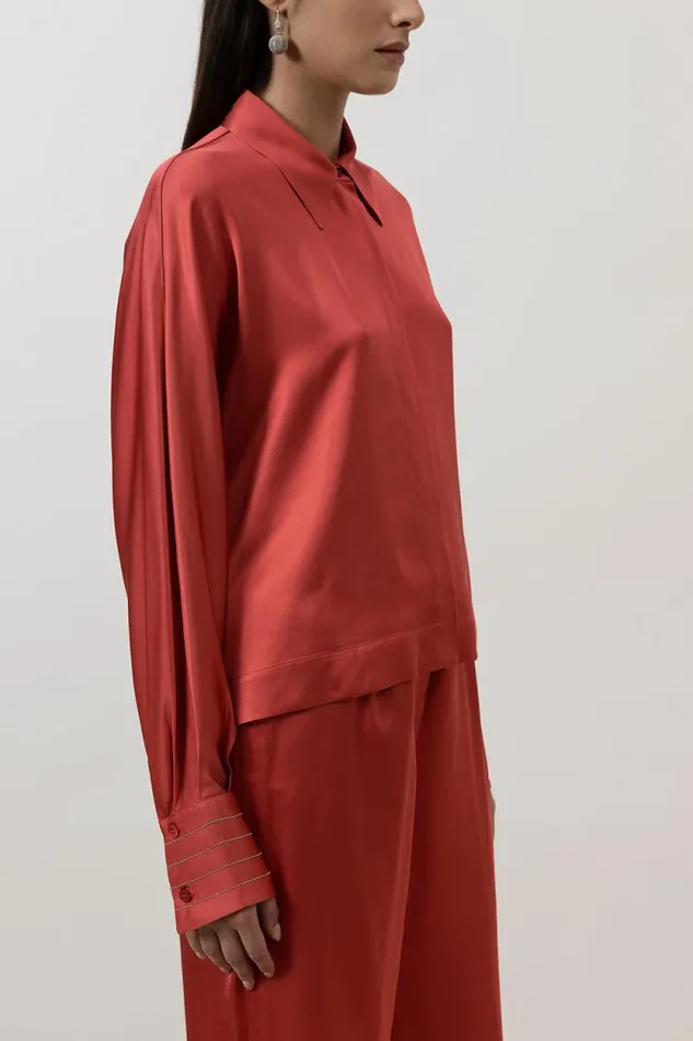 Peserico Suits And Sets Woman Viscose Satin Oversize Cropped Shirt Enrosadira Red Peserico Suits And Sets Woman Viscose Satin Oversize Cropped Shirt Enrosadira Red