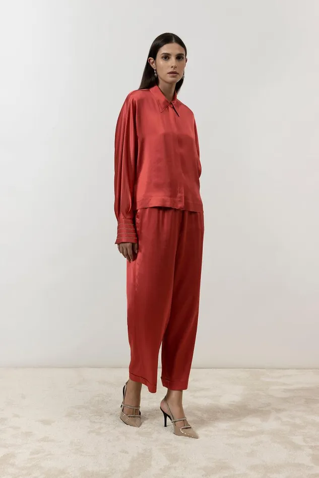 Peserico Suits And Sets Woman Viscose Satin Oversize Cropped Shirt Enrosadira Red Peserico Suits And Sets Woman Viscose Satin Oversize Cropped Shirt Enrosadira Red