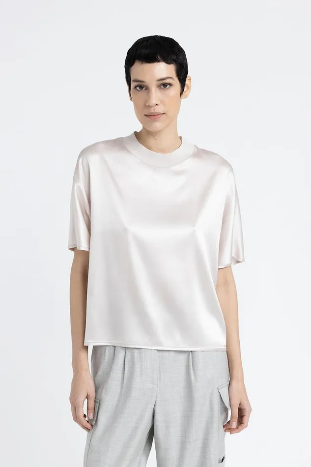Peserico Tops And TShirts Woman Silk Satin Crew Neck TShirt Pearl Beige