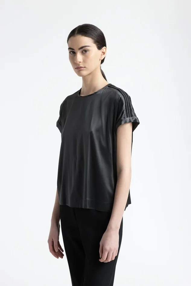 Peserico Tops And TShirts Woman Silk Satin TShirt With Punto Luce Trim Graphite Peserico Tops And TShirts Woman Silk Satin TShirt With Punto Luce Trim Graphite