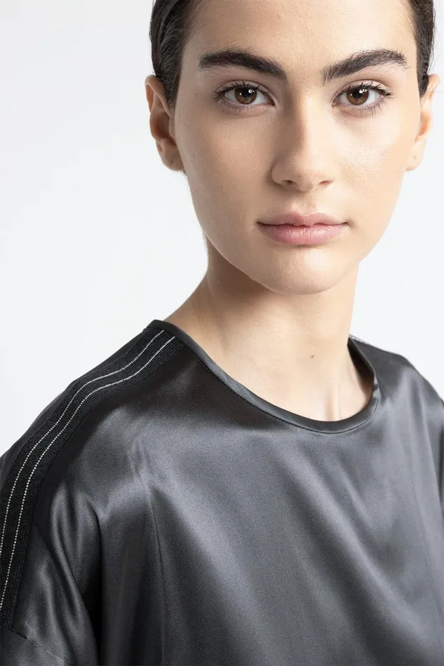 Peserico Tops And TShirts Woman Silk Satin TShirt With Punto Luce Trim Graphite Peserico Tops And TShirts Woman Silk Satin TShirt With Punto Luce Trim Graphite