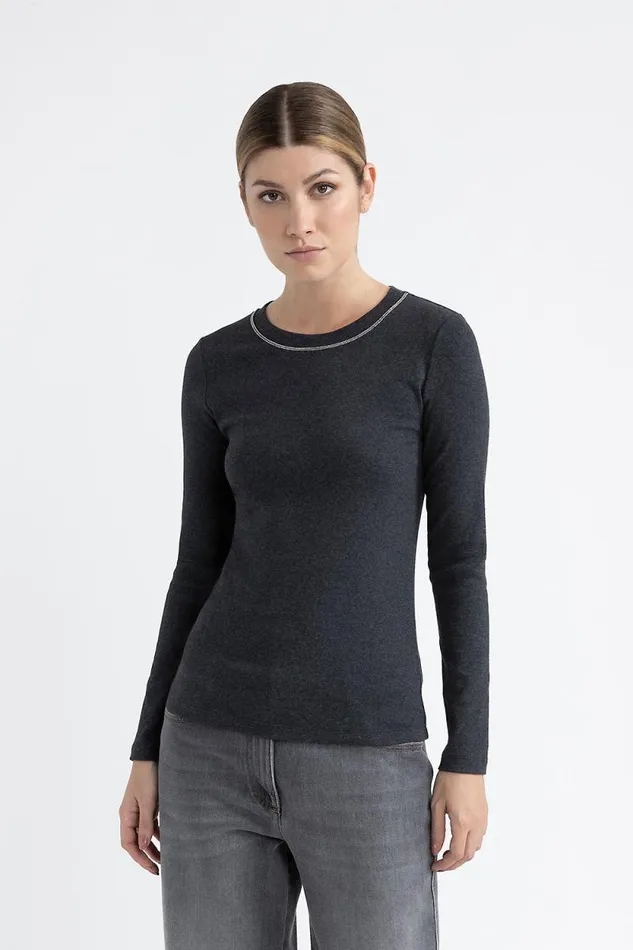 Peserico Tops And TShirts Woman Stretch Jersey TShirt With Punto Luce Trim Graphite Peserico Tops And TShirts Woman Stretch Jersey TShirt With Punto Luce Trim Graphite