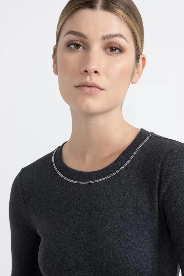 Peserico Tops And TShirts Woman Stretch Jersey TShirt With Punto Luce Trim Graphite Peserico Tops And TShirts Woman Stretch Jersey TShirt With Punto Luce Trim Graphite