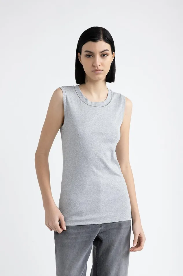 Peserico Tops And TShirts Woman Stretch Jersey Top With Punto Luce Trim Granite Peserico Tops And TShirts Woman Stretch Jersey Top With Punto Luce Trim Granite