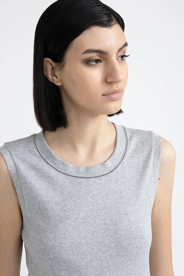 Peserico Tops And TShirts Woman Stretch Jersey Top With Punto Luce Trim Granite Peserico Tops And TShirts Woman Stretch Jersey Top With Punto Luce Trim Granite