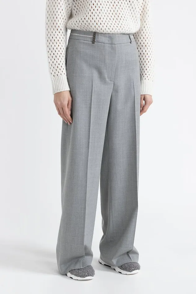 Peserico Trousers Woman Stretch Wool Palazzo Trousers Granite