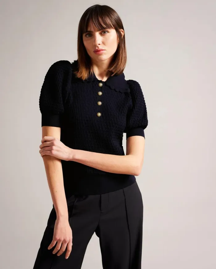 Polo Knit Top With Embellished Buttons Dark Blue Women Ted Baker Clothing Polo Knit Top With Embellished Buttons Dark Blue Women Ted Baker Clothing