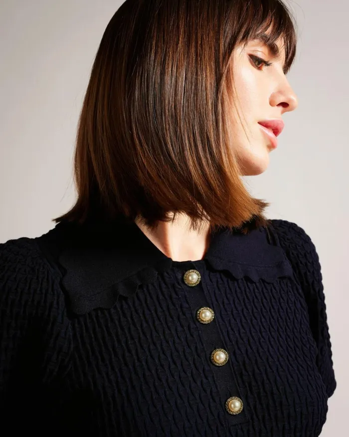 Polo Knit Top With Embellished Buttons Dark Blue Women Ted Baker Clothing Polo Knit Top With Embellished Buttons Dark Blue Women Ted Baker Clothing
