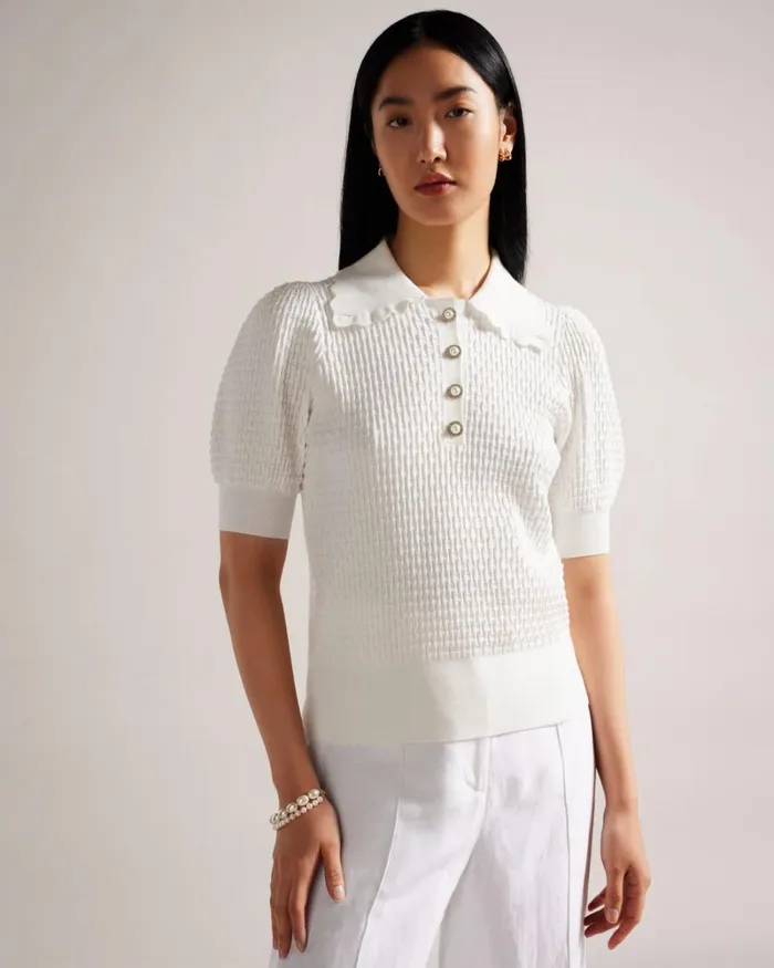 Polo Knit Top With Embellished Buttons White Women Ted Baker Clothing Polo Knit Top With Embellished Buttons White Women Ted Baker Clothing