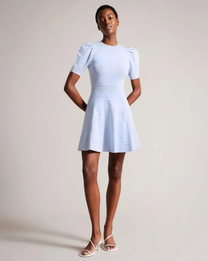 Puff Sleeve Dress With Engineered Skirt Baby Blue Women Ted Baker Clothing