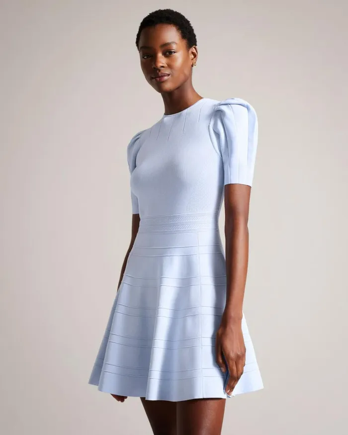Puff Sleeve Dress With Engineered Skirt Baby Blue Women Ted Baker Clothing