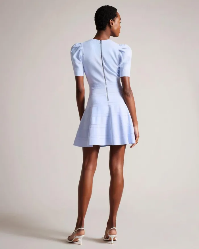 Puff Sleeve Dress With Engineered Skirt Baby Blue Women Ted Baker Clothing