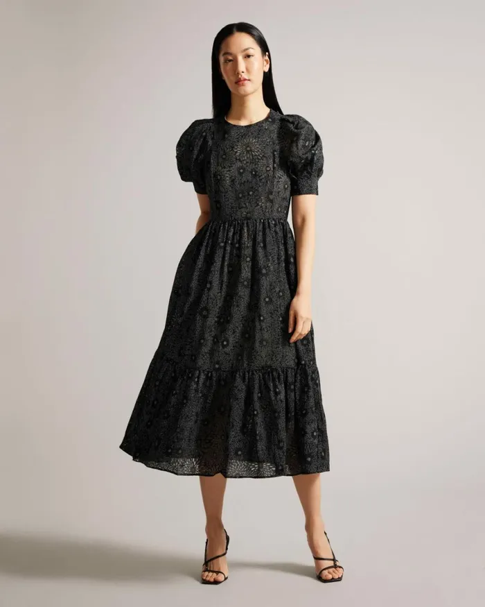 Puff Sleeve Tiered Maxi Dress Black Women Ted Baker Clothing Puff Sleeve Tiered Maxi Dress Black Women Ted Baker Clothing