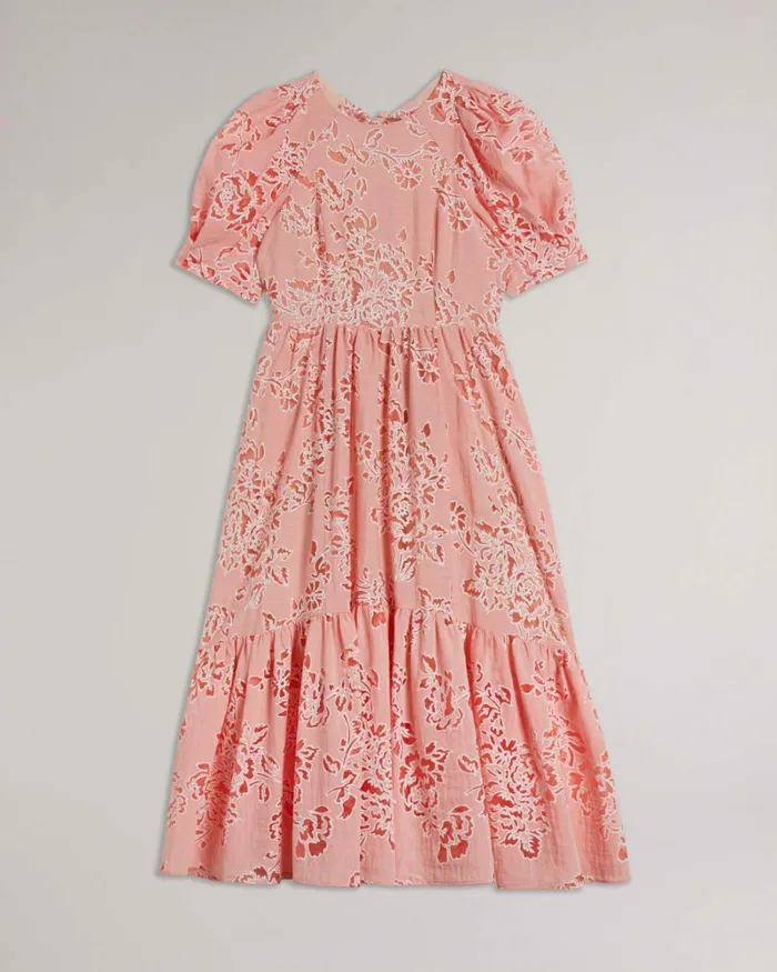 Puff Sleeve Tiered Midi Dress Coral Women Ted Baker Clothing