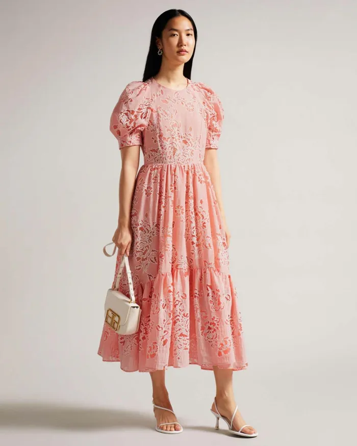 Puff Sleeve Tiered Midi Dress Coral Women Ted Baker Clothing Puff Sleeve Tiered Midi Dress Coral Women Ted Baker Clothing