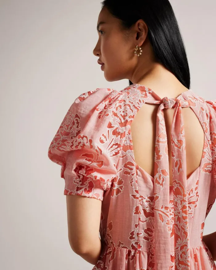 Puff Sleeve Tiered Midi Dress Coral Women Ted Baker Clothing Puff Sleeve Tiered Midi Dress Coral Women Ted Baker Clothing