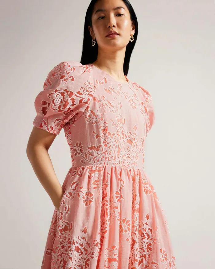Puff Sleeve Tiered Midi Dress Coral Women Ted Baker Clothing Puff Sleeve Tiered Midi Dress Coral Women Ted Baker Clothing