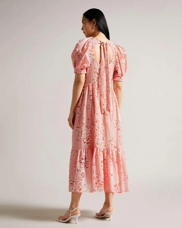 Puff Sleeve Tiered Midi Dress Coral Women Ted Baker Clothing Puff Sleeve Tiered Midi Dress Coral Women Ted Baker Clothing