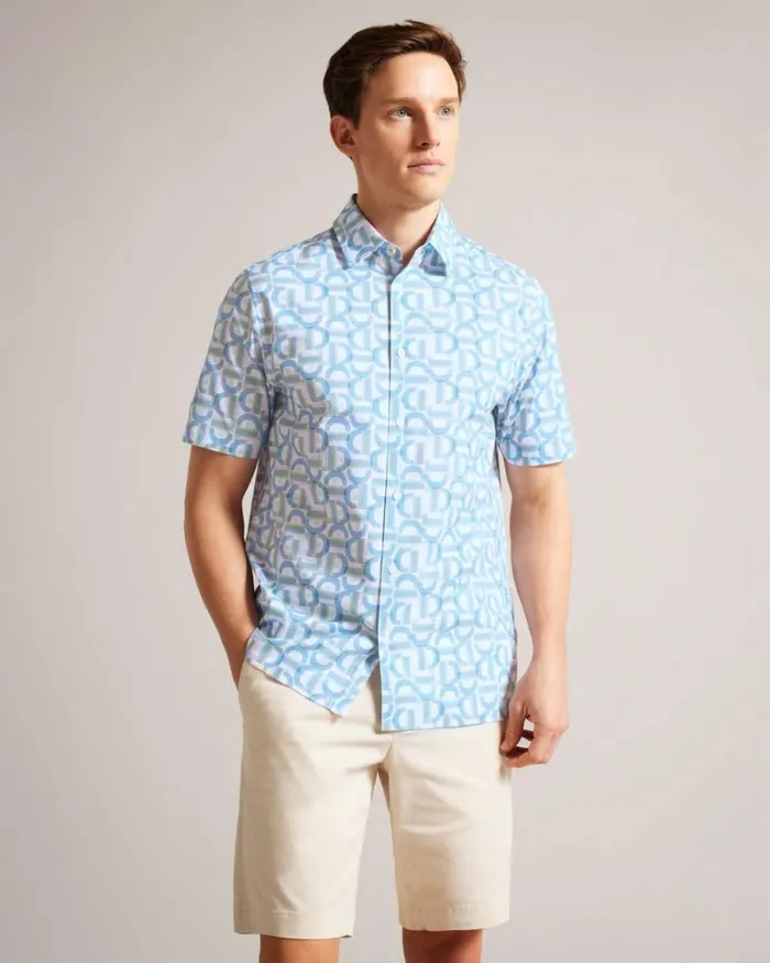Short Sleeve Branded Letter Shirt Pale Blue Men Ted Baker Clothing Short Sleeve Branded Letter Shirt Pale Blue Men Ted Baker Clothing