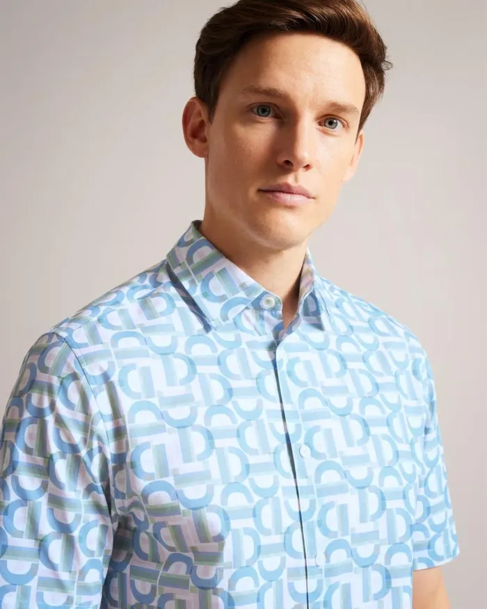 Short Sleeve Branded Letter Shirt Pale Blue Men Ted Baker Clothing Short Sleeve Branded Letter Shirt Pale Blue Men Ted Baker Clothing