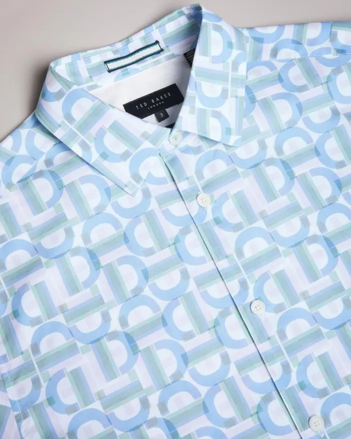 Short Sleeve Branded Letter Shirt Pale Blue Men Ted Baker Clothing Short Sleeve Branded Letter Shirt Pale Blue Men Ted Baker Clothing