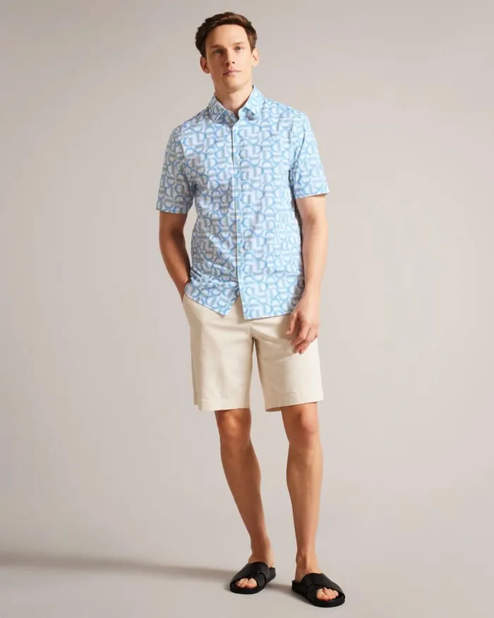 Short Sleeve Branded Letter Shirt Pale Blue Men Ted Baker Clothing Short Sleeve Branded Letter Shirt Pale Blue Men Ted Baker Clothing