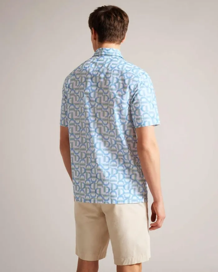 Short Sleeve Branded Letter Shirt Pale Blue Men Ted Baker Clothing Short Sleeve Branded Letter Shirt Pale Blue Men Ted Baker Clothing