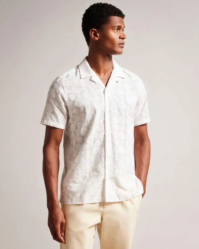 Short Sleeve Circle Embroidery Shirt White Men Ted Baker Clothing Short Sleeve Circle Embroidery Shirt White Men Ted Baker Clothing