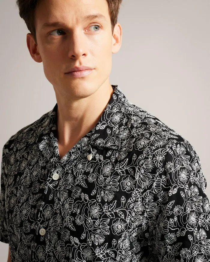 Short Sleeve Embroidered Shirt Black Men Ted Baker Clothing Short Sleeve Embroidered Shirt Black Men Ted Baker Clothing