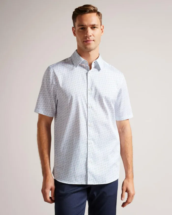 Short Sleeve Geometric Print Shirt White Men Ted Baker Clothing Short Sleeve Geometric Print Shirt White Men Ted Baker Clothing